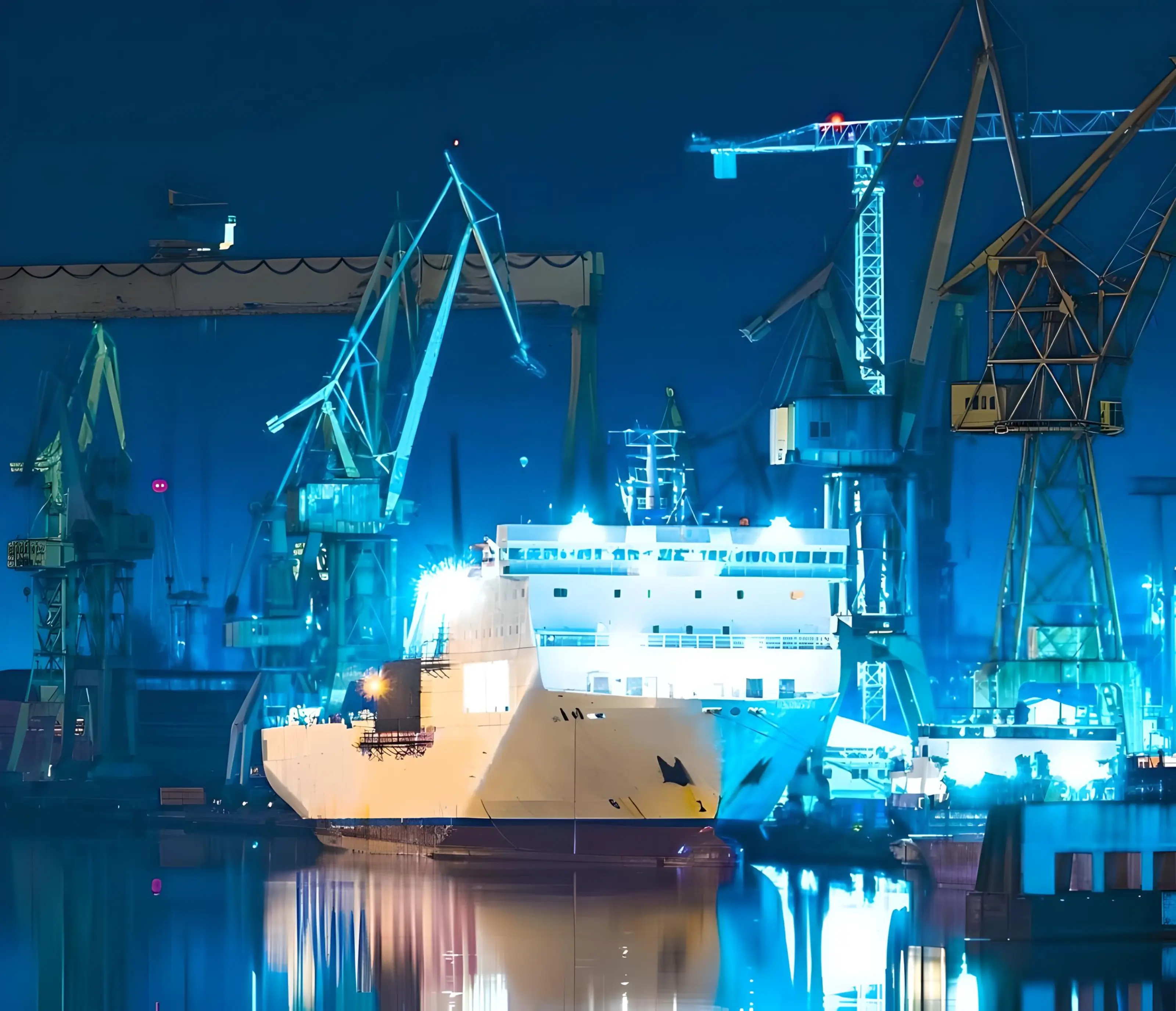 A moored ship in a shipyard at night